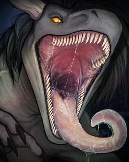 anthro black_hair bodily_fluids drooling epiglottis front_view grey_body grey_scales hair horn male mouth_shot open_mouth orange_sclera saliva saliva_on_tongue saliva_string scales sharp_teeth simple_background solo teeth tongue tongue_out white_horn yellow_eyes acidic mythology dragon mythological_creature mythological_scalie scalie 4:5 hi_res