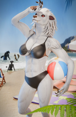 abs anthro athletic athletic_anthro ball beach beach_ball bikini bikini_bottom bikini_top black_bikini black_bikini_bottom black_bikini_top black_clothing black_lips black_swimwear breasts claws cleavage clothed clothing digitigrade eyelashes fangs female finger_claws fur hair holding_beach_ball holding_object inflatable leaf lips looking_at_viewer makeup mascara pawpads pose pupils red_eyes sand sharp_teeth shielding_eyes shoreline sky slit_pupils solo standing swimwear teeth towel two-piece_swimsuit under_boob water white_body white_fur white_hair worgan_freeman blizzard_entertainment mythology warcraft almaria_(worgan_freeman) ambiguous_species canid canine mammal mythological_canine mythological_creature werecanid werecanine werecreature werewolf worgen 2025 3d_(artwork) digital_media_(artwork) hi_res pinup