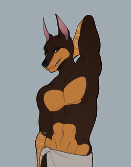 anthro arm_tattoo athletic bedroom_eyes clothed clothed_anthro clothed_male clothing looking_at_viewer male male_anthro narrowed_eyes seductive smile smiling_at_viewer solo suggestive_pose tattoo topless topless_anthro topless_male towel towel_around_waist ladybear sebastian_wolk canid canine canis dobermann domestic_dog mammal pinscher
