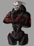 absurd_res alien alien_humanoid armor bioware biped black_armor bodypaint digital_media_(artwork) electronic_arts face_paint glowing green_eyes grey_background hand_behind_back hi_res humanoid leafjuly male mass_effect red_armor simple_background solo standing tarquin_victus teeth turian