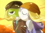 ambiguous_gender anthro backpack clothing duo eyes_closed hat headgear headwear kissing love male outside snow tamama-island sgt._frog keroro tamama amphibian keronian