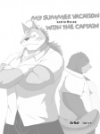 2013 3:4 anthro bear biceps big_muscles black_nose bottomwear canid canine canis clothed clothing comic crossed_arms dialogue duo english_text facial_markings fur grey_body grey_fur head_markings hi_res juuichi_mikazuki looking_at_viewer male mammal manya markings monochrome morenatsu muscular muscular_male pants pose scar shirt simple_background slightly_chubby ten_kodori text topwear white_background wolf