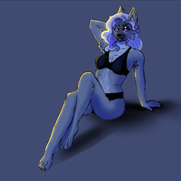 anthro bikini clothing female hair hand_behind_head inner_ear_fluff looking_at_viewer purple_hair sitting solo swimwear tongue tongue_out tuft two-piece_swimsuit livarti canid canine canis mammal wolf 1:1