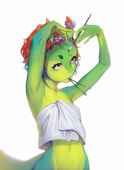5_fingers accessory applying_makeup brown_eyes brown_hair brush clothing colored_nails countershade_face countershade_hands countershade_scales countershade_torso countershading dipstick_horn eyebrows eyelashes female fingernails fingers furgonomics green_body green_fingernails green_nails hair hair_accessory hairband headgear headwear horn horn_accessory makeup multicolored_body multicolored_hair multicolored_horn nails navel non-mammal_navel object_in_mouth paintbrush paintbrush_in_mouth pattern_clothing pattern_hairband pattern_headgear pattern_headwear personal_grooming raised_arm red_eyes scales simple_background slim solo spots spotted_clothing spotted_hairband spotted_headgear spotted_headwear tail towel towel_only two_tone_body two_tone_hair white_background shermugi sneiky_(shermugi) reptile scalie snake 2019 hi_res