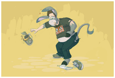 alcohol beer belly beverage border butt clothing drunk food grey_body hooves male midriff navel overweight overweight_male slightly_chubby solo substance_intoxication tail torn_clothing transformation white_border nickwolf asinus donkey equid equine human mammal