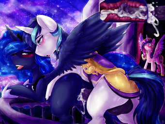animal_genitalia animal_penis backsack balls being_watched big_balls blue_eyes blue_hair blush bodily_fluids butt caught_in_the_act cuckquean cum cum_in_vagina cum_inside cutaway cutie_mark equine_genitalia equine_penis erection feathered_wings feathers female feral feral_penetrating genital_fluids genitals group hair half-closed_eyes horn infidelity long_hair looking_at_another male male/female male_penetrating multicolored_hair narrowed_eyes open_mouth outside penetration penis sex two_tone_hair vaginal vaginal_penetration vein vulva wide_eyed wings dimwitdog friendship_is_magic hasbro my_little_pony mythology princess_cadance_(mlp) princess_luna_(mlp) shining_armor_(mlp) equid equine mammal mythological_creature mythological_equine unicorn winged_unicorn 2015 absurd_res digital_media_(artwork) hi_res