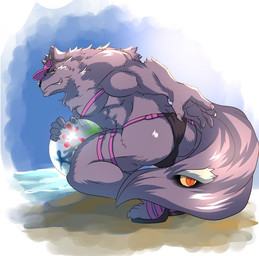 anthro ball beach beach_ball biped butt clothing detailed_background hat headgear headwear inflatable kemono male outside pool_toy sand seaside solo swimwear thong underwear visor_cap abasirisippo lifewonders tokyo_afterschool_summoners bathym_(tas) canid canine canis demon mammal wolf