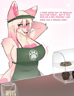 anthro apron apron_only big_breasts breasts clothing cookie female food fur hair half_naked looking_up pink_body pink_fur raised_arm simple_background solo speech_bubble uniform lovelock canid canine canis mammal wolf 2025 hi_res