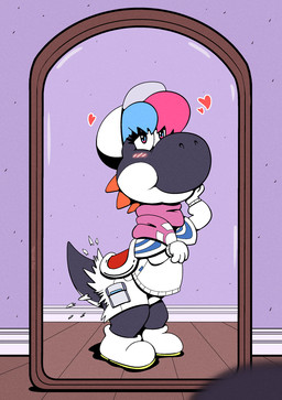 after_transformation blue_eyes blush blush_lines boots bottomwear clothing female first_person_view footwear gloves handwear hat headgear headwear implied_transformation looking_at_self mirror mirror_reflection reflection scarf shirt shoes shorts smile smiling_at_self solo topwear transformation twinning trevor-fox mario_bros nintendo trevor-fox_(character) yoshi_(character) black_yoshi yoshi hi_res