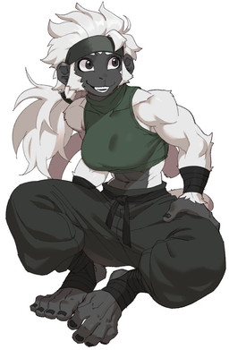 abs accessory anthro black_body black_eyes black_skin bottomwear clothed clothed_anthro clothed_female clothing feet female foot_wraps front_view fully_clothed fully_clothed_anthro fully_clothed_female fur headband midriff muscular muscular_anthro muscular_female pants simple_background smile solo tail white_body white_fur wraps kissrabbit_s2 haplorhine mammal monkey primate