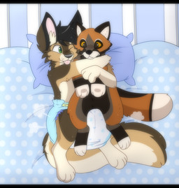 3_fingers 4_toes ambiguous_gender anthro bed big_diaper black_body black_fur black_hair black_nose blue_pillow brown_body brown_fur brown_tail clean_diaper clothed clothing crib diaper diaper_only diaper_puff feet fingers fur furniture gloves_(marking) hair heart_symbol high-angle_view hug hugging_object hugging_plushie inner_ear_fluff leg_markings lying markings multicolored_body multicolored_fur multicolored_tail on_back on_bed on_pillow one_eye_closed pillow pink_inner_ear plushie smile snaggle_tooth socks_(marking) solo tail tan_body tan_fur tan_inner_ear_fluff tan_tail toes tongue tongue_out topless tuft wearing_diaper whisker_spots jupiters jack_cabbit domestic_cat felid feline felis hybrid lagomorph leporid mammal rabbit full-length_portrait hi_res letterbox portrait