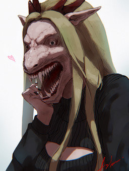 2_horns angry anthro black_clothing black_nails black_sweater black_topwear blonde_hair bodily_fluids breasts cleavage cleavage_cutout clothed clothing colored_nails cutout fangs female glistening glistening_body glistening_skin grey_eyes hair heart_symbol horn light_body light_skin long_hair looking_at_viewer medium_breasts nails non-mammal_breasts open_mouth pointy_ears red_horn saliva saliva_string sharp_teeth simple_background solo sweater teeth topwear white_background hylran chinese_zodiac mythology year_of_the_dragon dragon mythological_creature mythological_scalie scalie 2024 3:4 absurd_res bust_portrait digital_drawing_(artwork) digital_media_(artwork) hi_res portrait watermark