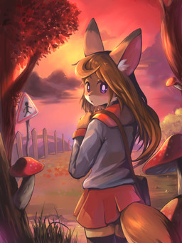 anthro bag biped bottomwear clothed clothing cloud female fence fungus inner_ear_fluff kemono legwear looking_at_viewer looking_back mushroom open_mouth outside purple_eyes rear_view road_sign shirt skirt sky solo standing stockings sunset topwear tuft chaora canid canine fox mammal 2015 3:4 digital_media_(artwork) hi_res