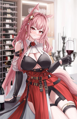 belt big_breasts blush braided_hair breasts container cup drinking_glass female glass glass_container glass_cup hair holding_container holding_cup holding_drinking_glass holding_object holding_wine_glass inside looking_at_viewer pink_hair sitting solo tail wine_bottle wine_glass gongbangmanchi_(daisy_cutter) arknights hypergryph studio_montagne pozyomka_(arknights) animal_humanoid canid canid_humanoid canine canine_humanoid humanoid mammal mammal_humanoid wolf_humanoid 2023 absurd_res digital_media_(artwork) hi_res
