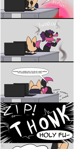 anthro anus balls belly belly_inflation bodily_fluids collar cum cum_in_ass cum_inflation cum_inside dialogue duo ejaculation eyewear gaming genital_fluids genitals inflation knot leash leash_in_mouth leash_pull leashed_collar magic male male/male object_in_mouth penis profanity sex sunglasses text lexi_arts instant_loss_2koma mythology nixxy_(lexi_arts) canid canid_demon canine demon fennec_fox fox hellhound mammal mythological_canine mythological_creature true_fox absurd_res comic english_text hi_res