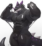 2_horns abs anthro barazoku biceps biped black_body flexing flexing_bicep flexing_both_biceps goo_drip horn looking_at_viewer male muscular muscular_anthro muscular_male null_bulge pecs purple_eyes solo tail uriex mythology dragon mythological_creature mythological_scalie scalie 2024