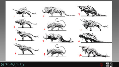 2_horns 3_horns 4_horns alternate_species ambiguous_feral ambiguous_gender broken_chain chain facial_horn feral horn long_tail multi_horn multi_tail open_mouth quadruped scales sharp_teeth simple_background solo tail tapering_tail teeth unusual_anatomy unusual_tail weapon_tail white_background paolo_rotelli_nagase sacred_(video_game_series) sacred_3 thq_nordic arthropod tallicus unknown_species 16:9 2017 black_and_white concept_art hi_res monochrome official_art signature sketch widescreen