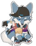 anthro black_claws black_clothing black_gloves black_handwear blue_body blue_eyes blue_fur chibi claws clothing fur gloves handwear hat headgear headwear looking_at_viewer male solo white_body white_fur viosgit canid canine canis mammal wolf 2021 hi_res