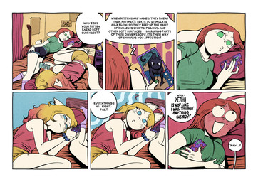 anthro bed blue_eyes blue_hair blush breasts clothing dialogue duo ear_piercing ear_ring electronics embarrassed englis_text female furniture green_clothing green_eyes green_shirt green_topwear hair holding_object holding_phone inside on_bed open_mouth phone piercing pillow poster_(object) ring_piercing shirt text topwear whiskers elnikochoro domestic_cat felid feline felis lagomorph leporid mammal rabbit 2026 absurd_res comic digital_media_(artwork) english_text hi_res