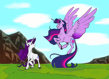 cloud duo female feral fetlocks flying grass horn mountain plant windswept_hair wings maxiima friendship_is_magic hasbro my_little_pony mythology rarity_(mlp) twilight_sparkle_(mlp) equid equine mammal mythological_creature mythological_equine unicorn winged_unicorn