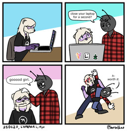 4_panel_comic angry anthro aphex_twin_logo arm_grab clothed clothing collared_shirt computer dialogue duo electronics eye_contact freckled_face freckles front_view frustrated fur glowing glowing_eyes hand_on_head humanoid_hands humor laptop looking_at_another male multicolored_body multicolored_fur pattern_clothing pattern_shirt pattern_topwear plaid plaid_clothing plaid_shirt plaid_topwear purple_body purple_fur shirt side_view simple_background smug speech_bubble standing talking_to_another text topwear upside_down white_body white_fur borealhao aphex_twin lamapola lato_(lamapola) vinea_(lamapola) domestic_ferret mammal mustelid musteline true_musteline weasel comic digital_media_(artwork) english_text hi_res meme signature nonbinary_(lore)
