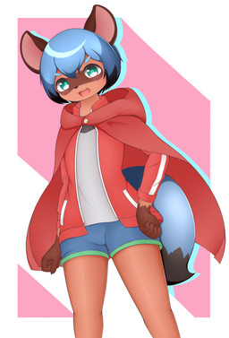 anthro blue_bottomwear blue_clothing blue_hair blue_shorts border bottomwear brown_body brown_fur cape clothed clothing cute_fangs dipstick_tail fangs female fully_clothed fur gloves_(marking) green_eyes grey_clothing grey_shirt grey_topwear hair hand_on_hip hotpants jacket markings minishorts open_clothing open_jacket open_mouth open_topwear red_clothing red_jacket red_topwear shirt short_hair shorts simple_background solo tail tail_markings teeth topwear white_border kinako_(artist) brand_new_animal studio_trigger michiru_kagemori canid canine mammal raccoon_dog tanuki digital_media_(artwork) hi_res shaded