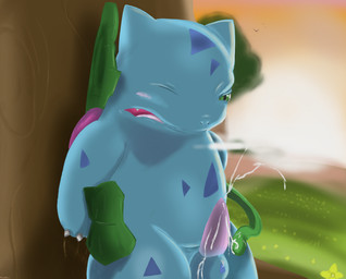balls blush bodily_fluids claw_marks cum cum_on_balls detailed_background erection feral genital_fluids genitals male masturbation non-mammal_balls one_eye_closed outside penis plant solo sunset vines pawn nintendo pokemon elemental_creature flora_fauna generation_1_pokemon ivysaur pokemon_(species) scalie