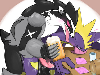 alcohol anal anal_penetration anthro beer beverage blush bodily_fluids cum drunk duo erection from_behind_position genital_fluids genitals interspecies male male/male male_penetrated male_penetrating male_penetrating_male penetration penis pokephilia sex substance_intoxication tapering_penis tongue tongue_out amedama12321 nintendo pokemon amped_toxtricity generation_8_pokemon obstagoon pokemon_(species) toxtricity 4:3 hi_res