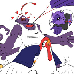 5_fingers anthro blood bodily_fluids bottomwear claws clothing crowing fingers flirting grabbing_from_behind group hair heart_symbol heart_tail holidays male muscular nosebleed orange_hair piercing shirt shorts standing sweat sweatdrop tail tank_top topwear trio valken_holmes among_us among_us_eyes april_fools'_day innersloth jhon_(jhon's_story) avian bird chicken felid feline galliform mammal phasianid 1:1 2026 character_request dated hi_res unfinished watermark