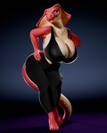 anthro big_breasts blue_eyes bottomwear bra breasts cleavage cleavage_overflow clothed clothing feet female fingers huge_breasts non-mammal_breasts pants red_body red_scales scales simple_background smile snake_hood solo sports_bra tail thick_tail thick_thighs underwear wide_hips yoga_pants f-euphrates ember_(f-euphrates) cobra reptile scalie snake 3d_(artwork) 4:5 absurd_res digital_media_(artwork) hi_res