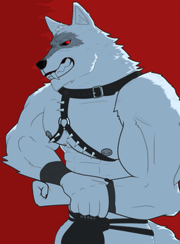 5_fingers abs alternative_fashion anthro arm_grab arm_tuft bared_teeth biceps biped bodily_fluids bulge cheek_tuft chin_tuft claws clenched_teeth clothed clothing collar eyes_closed facial_markings facial_tuft fangs fingers fist fur fuzzy grey_body grey_fur half-closed_eyes harness head_markings head_tuft jockstrap male markings mask_(marking) muscular muscular_anthro muscular_male narrowed_eyes neck_tuft nipple_piercing nipples partially_clothed pecs piercing pointy_ears prick_ears red_background red_eyes sharp_teeth shoulder_tuft simple_background skimpy smile solo spiked_harness spikes standing straps stripes sweat tail teeth tuft underwear white_body white_fur wraps wrist_wraps true_wolf dreamworks puss_in_boots_(franchise) death_(puss_in_boots) canid canine canis mammal wolf absurd_res hi_res