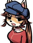 anthro blue_clothing blue_hat blue_headwear clothed clothing cosplay female hair hat headgear headwear ponytail red_clothing red_shirt red_topwear shirt solo topwear unknown_artist canid canine mammal