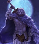 abs anthro armor cloak cloak_only clothed clothing full_moon greatsword male melee_weapon moon muscular muscular_male navel nipples pecs pose scar shirtless solo sword topless weapon hinnab elden_ring fromsoftware blaidd_(elden_ring) canid canine canis mammal wolf 2022 hi_res pinup