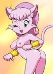 anthro armlet armwear bracelet breasts butt clothed clothing female fur hair jewelry looking_at_viewer nipples nude one_eye_closed pink_body pink_fur pink_hair solo wink pepipopo rpg_densetsu_hepoi meeya domestic_cat felid feline felis mammal digital_media_(artwork) hi_res