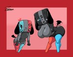 anthro big_breasts blue_sclera breasts butt duo female grey_body machine open_mouth red_sclera sitting size_difference sound_effects thick_thighs reymonrr nintendo nintendo_switch nintendo_switch_2 switch_dog switch_dog_2 switchy_(joaoppereiraus) switchy_2_(joaoppereiraus) canid canine canis domestic_dog mammal robot robot_anthro absurd_res hi_res