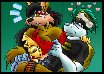 anthro big_breasts black_hair bottomwear breasts brown_body brown_eyes brown_fur clothing crop_top duo eyewear eyewear_on_head female fur gloves goggles goggles_on_head hair handwear heart_symbol jacket male multicolored_body multicolored_fur muscular muscular_anthro muscular_male open_mouth shirt shorts teeth topwear two_tone_body two_tone_fur virus-20 june_coyote travis_seal aquatic canid canine canis coyote mammal pinniped seal 2008 digital_media_(artwork)