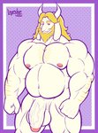 anthro balls beard belly big_balls blonde_hair facial_hair fangs foreskin fur genitals hair horn male mature_anthro mature_male musclegut muscular muscular_anthro nipples pecs penis pink_nipples purple_background red_eyes simple_background slightly_chubby solo teeth vein veiny_penis white_body white_fur layndon undertale undertale_(series) asgore_dreemurr boss_monster_(undertale) bovid caprine goat mammal 2020 hi_res