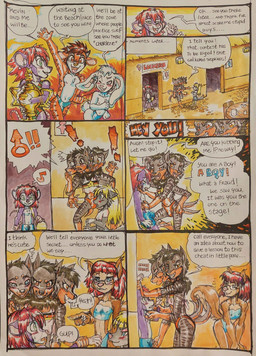 3_heads anthro biped blonde_hair dialogue female gender_symbol group hair male male_symbol multi_head speech_bubble symbol tail text trio young young_anthro young_female young_male mariano chuck_(netreek) kevin_snowpaw canid canine lagomorph leporid mammal mouse murid murine rabbit rodent absurd_res comic english_text hi_res traditional_media_(artwork)