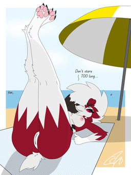 anthro beach beach_towel beach_umbrella boat breasts butt claws countershading dialogue female fur genitals gesture hand_gesture humanoid_genitalia legs_together legs_up lying markings medium_breasts multicolored_body nipples nude on_back parasol pawpads paws pink_sclera presenting presenting_hindquarters presenting_vulva red_body red_eyes red_fur sea shark_fin short_tail solo tail thumbs_up towel tuft two_tone_body umbrella vehicle vulva water watercraft white_body white_fur echotastrophe nintendo pokemon background_character canid generation_7_pokemon lycanroc mammal midnight_lycanroc pokemon_(species) 2026 3:4 absurd_res hi_res shaded signature simple_shading