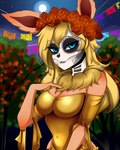 anthro blonde_hair blue_eyes bodypaint breasts chest_tuft cleavage clothed clothing decoration dress face_paint female flower flower_crown fluffy_ears full_moon fur gold_dress hair hand_on_breast headgear headwear holidays long_ears long_hair looking_at_viewer makeup moon night orange_body orange_fur outside plant pokemorph pose skull_face_paint solo star tuft tutifruti_(artist) day_of_the_dead nintendo pokemon koriand_wildfire eeveelution flareon generation_1_pokemon pokemon_(species) 2019 4:5 absurd_res hi_res