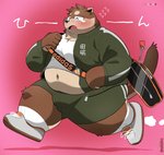 anthro belly blush bodily_fluids bottomwear brown_body brown_fur clothing fur kemono male navel overweight overweight_anthro overweight_male shirt shorts solo tears text topwear uokkom canid canine canis domestic_dog mammal 2021 hi_res japanese_text