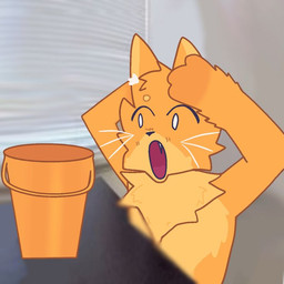 ambiguous_gender anthro bucket chest_tuft container fur hand_on_head open_mouth orange_body orange_fur shocked solo teeth teeth_showing tuft whiskers white_eyes white_whiskers yellow_body yellow_fur yellow_underbelly unknown_artist kaiju_paradise catte_(kaiju_paradise) domestic_cat felid feline felis gootraxian mammal 1:1 digital_drawing_(artwork) digital_media_(artwork) meme reaction_image