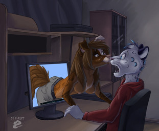 anthro anthro_on_anthro areola belt blue_eyes breasts brown_body brown_fur brown_hair chair clothed clothing computer duo electronics eyebrows female floppy_ears fully_clothed fur furniture hair inside inverted_nipples kiss_on_nose kissing male male/female nipples open_mouth partially_clothed pink_nose sharp_teeth shocked sitting smile startled surprised teeth topless whiskers o-ruff victory_(texdot) canid canine felid mammal pantherine snow_leopard 2017 character_request signature