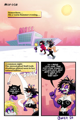 alternative_fashion angry anthro big_breasts black_bottomwear black_clothing black_hair black_pants black_speech_bubble blonde_hair blue_eyes bottomwear breaking_the_fourth_wall breasts cheek_tuft chest_tuft cleavage clothed clothing dialogue ear_piercing eyes_closed eyeshadow facial_tuft female fur goth gradient_hair group hair head_wings industrial_piercing industrial_piercing_ladder makeup mall multicolored_hair onomatopoeia orange_body orange_fur outside pants piercing purple_body purple_eyeshadow purple_fur purple_hair question_mark red_trenchcoat rock sharp_teeth sky small_waist sound_effects sun surgical_suture teeth text throwing_rock topwear trio tube_top tuft two_tone_hair unusual_wing_placement wings boker hotel_mario laura_derose mary_(boker) val_(boker) bat-eared_fox canid canine canis fox lagomorph leporid mammal rabbit red_wolf wolf 2:3 artist_name comic english_text signature