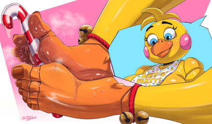 5_toes anthro beak bodily_fluids breasts candy candy_cane dessert feet female food food_fetish food_on_feet food_play foot_fetish foot_focus foot_play hair holidays humanoid_feet machine nails plantigrade simple_background smile soles solo sweat sweatdrop sweaty_feet teeth text toenails toes g4rron christmas five_nights_at_freddy's five_nights_at_freddy's_2 scottgames toy_chica_(fnaf) animatronic avian bird chicken galliform phasianid robot absurd_res digital_media_(artwork) english_text hi_res