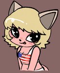 american_flag anthro big_eyes black_eyes black_nose blonde_hair breasts cleavage clothed clothing eyeshadow female fur hair makeup open_mouth pink_body pink_fur shirt simple_background smile smiling_at_viewer solo tank_top topwear united_states_of_america white_clothing white_topwear touboutenshi sanrio lindy_leopard felid leopard mammal pantherine