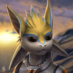 4_ears ambiguous_gender anthro beady_eyes blue_markings blurred_background clothed clothing detailed_background facial_markings fangs front_view fur glistening glistening_eyes grey_clothing head_feathers head_markings logo markings mouth_closed multi_ear outside solo sunset teeth text white_body white_fur yellow_body yellow_fur cereus93 avali 1:1 artist_logo artist_name bust_portrait detailed hi_res icon portrait
