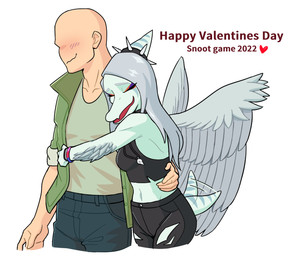 anthro blush blush_lines bottomwear clothing crop_top duo eyebrows eyes_closed feathered_arms feathered_wings feathers female grey_hair hair hand_on_hip heart_symbol holidays hug hugging_another hugging_from_behind jacket jewelry long_hair makeup male male/female motion_lines navel necklace open_mouth open_smile pants shirt simple_background small_tail smile smirk tail tail_motion tailwag text topwear torn_bottomwear torn_clothing wings zangeiti cavemanon_studios goodbye_volcano_high ko_op_(game_developer) snoot_game valentine's_day anon_(snoot_game) fang_(gvh) human mammal prehistoric_species pterosaur reptile scalie shaded