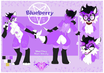 anthro big_butt blush border butt eyewear female fur genitals glasses navel navel_piercing nipples occult_symbol pentagram piercing purple_body purple_eyes purple_fur solo symbol tattoo vulva white_border wide_hips womb_tattoo canid canine fox mammal absurd_res hi_res model_sheet