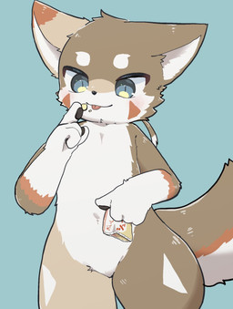 anthro brown_body brown_fur countershading eating eating_food food fur hand_pawpads kemono looking_at_viewer male nude simple_background solo tongue young young_anthro young_male shibireru mammal 2025 hi_res japanese_description